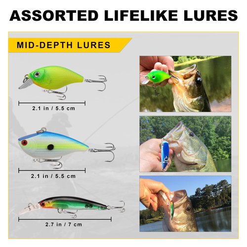 GOTOUR Fishing Lures Accessories Kit with Tackle Box, Fishing Hooks Minnow Crankbait Frog Popper Lure Worm Spoon Spinner Bait for Bass Crappie, Fishing Gear Freshwater Equipment Gifts for Men