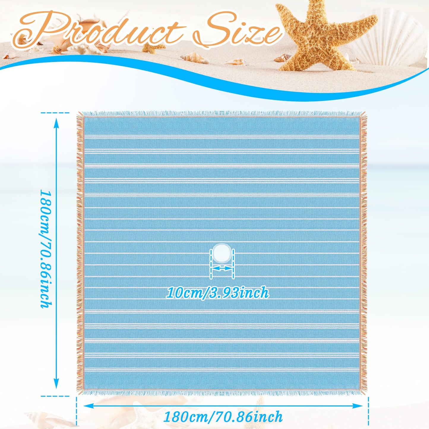 Peryiter Oversized Turkish Beach Blanket with Hole for Umbrella Cotton Extra Large Sand Free Beach Blanket Mat with Fringe Holiday Outdoor Picnic Travel Essentials Favorites, 70 x 70 Inches