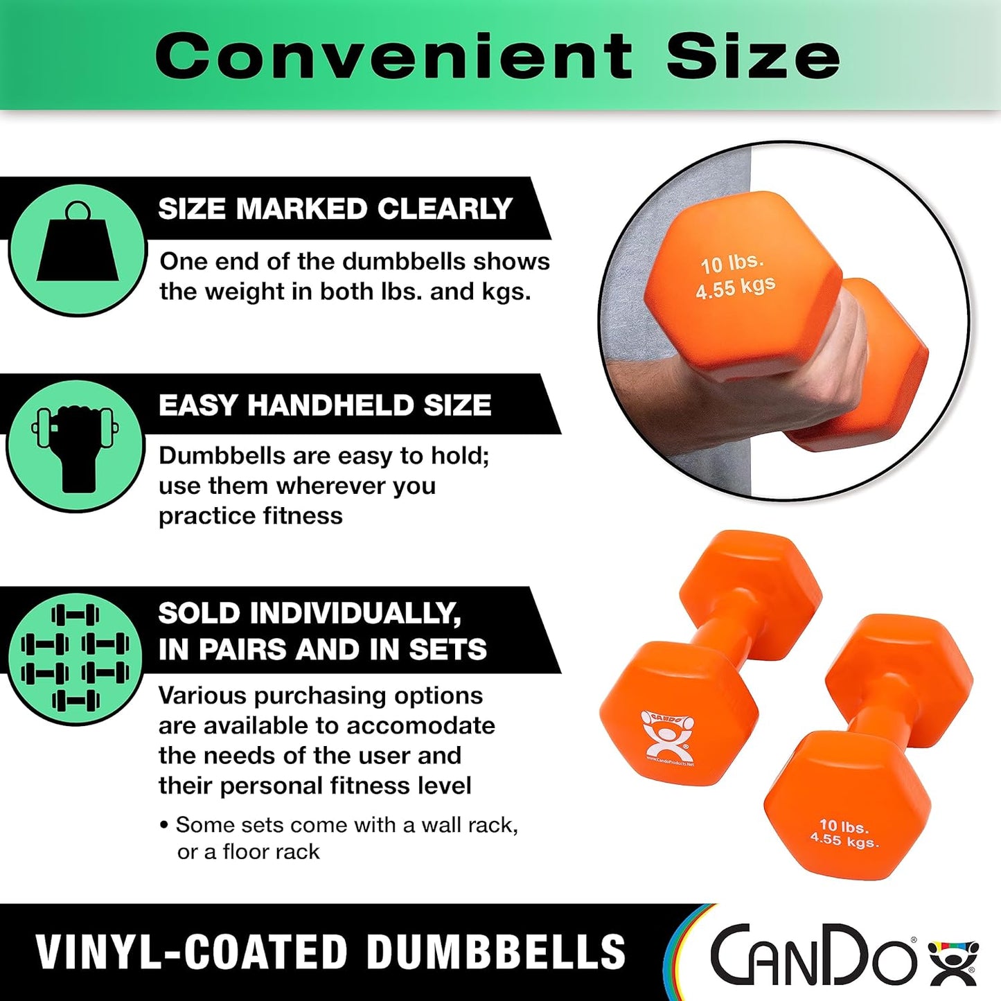 CanDo Vinyl Coated Dumbbells Pair Green 3 lb 2pc Handheld Weights for Muscle Training and Workouts, Color Coded Anti-Roll Home Gym Equipment, Beginner and Pro