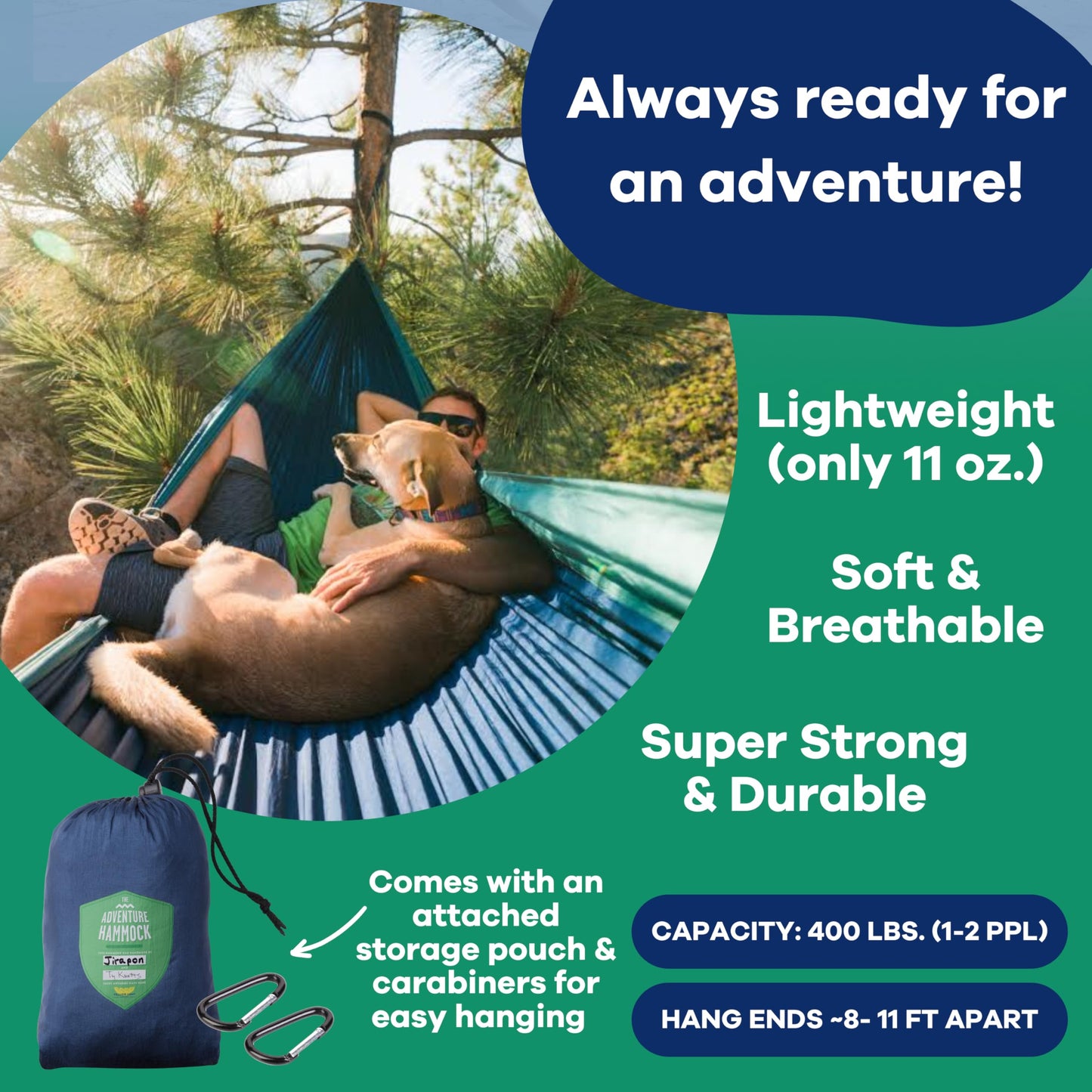 Handcrafted Adventure Parachute Hammock by Yellow Leaf Hammocks - Fits 1-2 PPL, 400lb max - Weathersafe, Super Strong, Easy to Hang, Ultrasoft, Easy to Pack - Color: Blue and Green