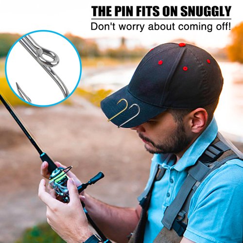 OROOTL Fishing Hooks Hat Pins, 12pcs High Carbon Steel Fish Hook Hat Clips Anti-Rust Tie Clips Clasp with Baseball Decoration for Fishing Tackle, Black, Golden