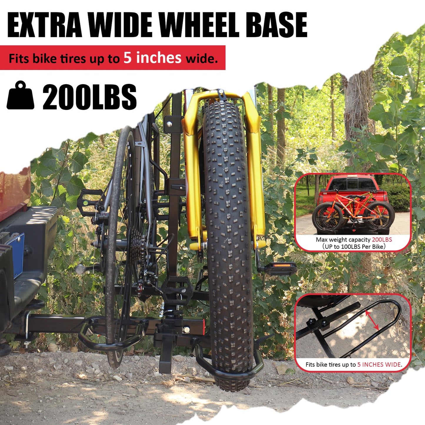 FORWODE Bike Rack Hitch Mount Platform Bike Rack, 2-Bike 200 lbs Capacity, Wobble-Free, Fits Up to 5" Fat Tires, 2" Receiver, E-Bikes & MTB (HBS12G)