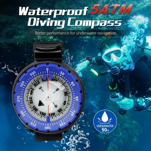 Scuba Compass, Professional Waterproof 5ATM Dive Wrist Compass with TPU Band for Outdoor Sports Diving, Sailing, Hiking, Survival Emergency (Blue)