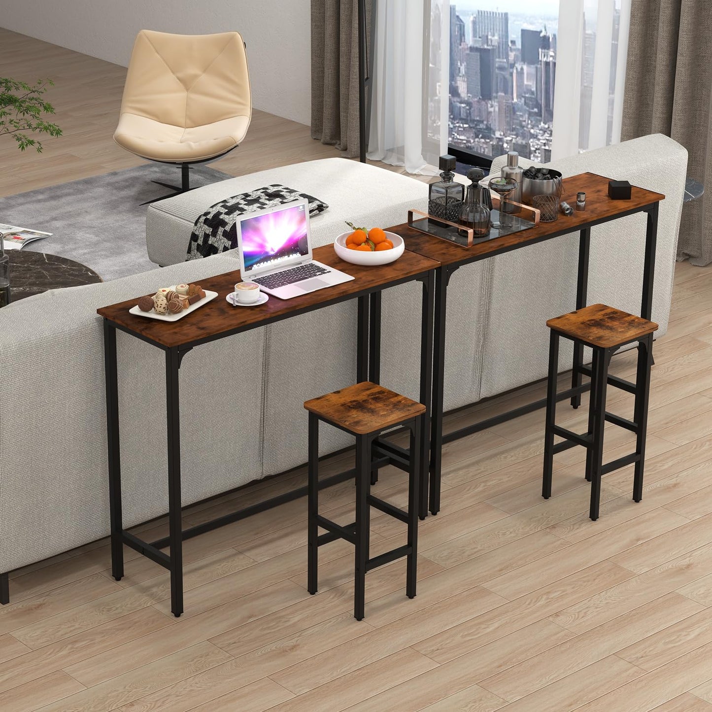 IFANNY Bar Stools Set of 2, 28" Bar Height Stools with Humanized Footrests & Metal Frame, Wood Counter Stool with Adjustable Foot Pads, Industrial Barstools for Kitchen Island, Dining Room (1)