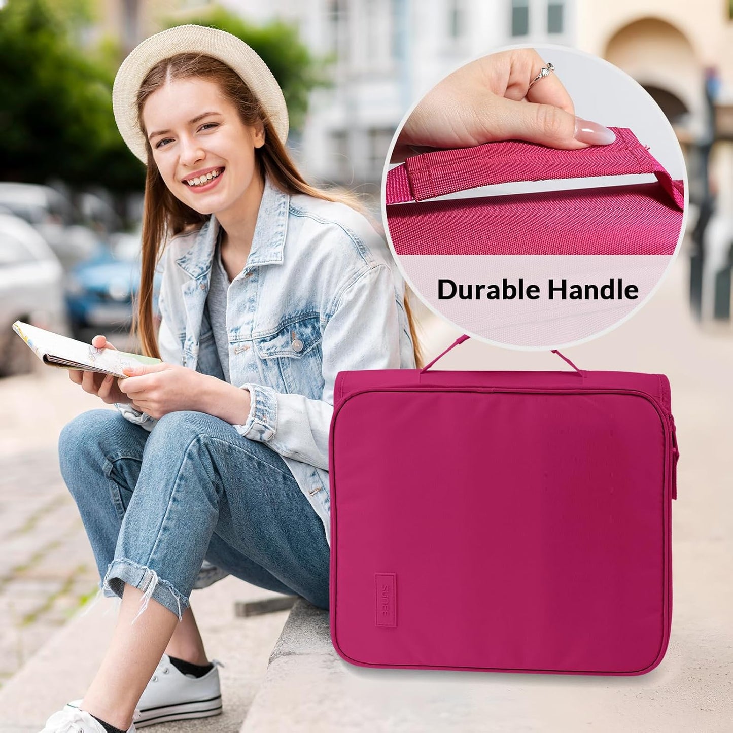 SUNEE Zippered Binder Bag with Handle, 2-Inch 3-Ring O-Ring, 500-Sheet Capacity, Includes Zip Pocket, 5-Tab Expanding File Folder, Multi-Pocket Organizer Binder for Middle School, Pink Lotus