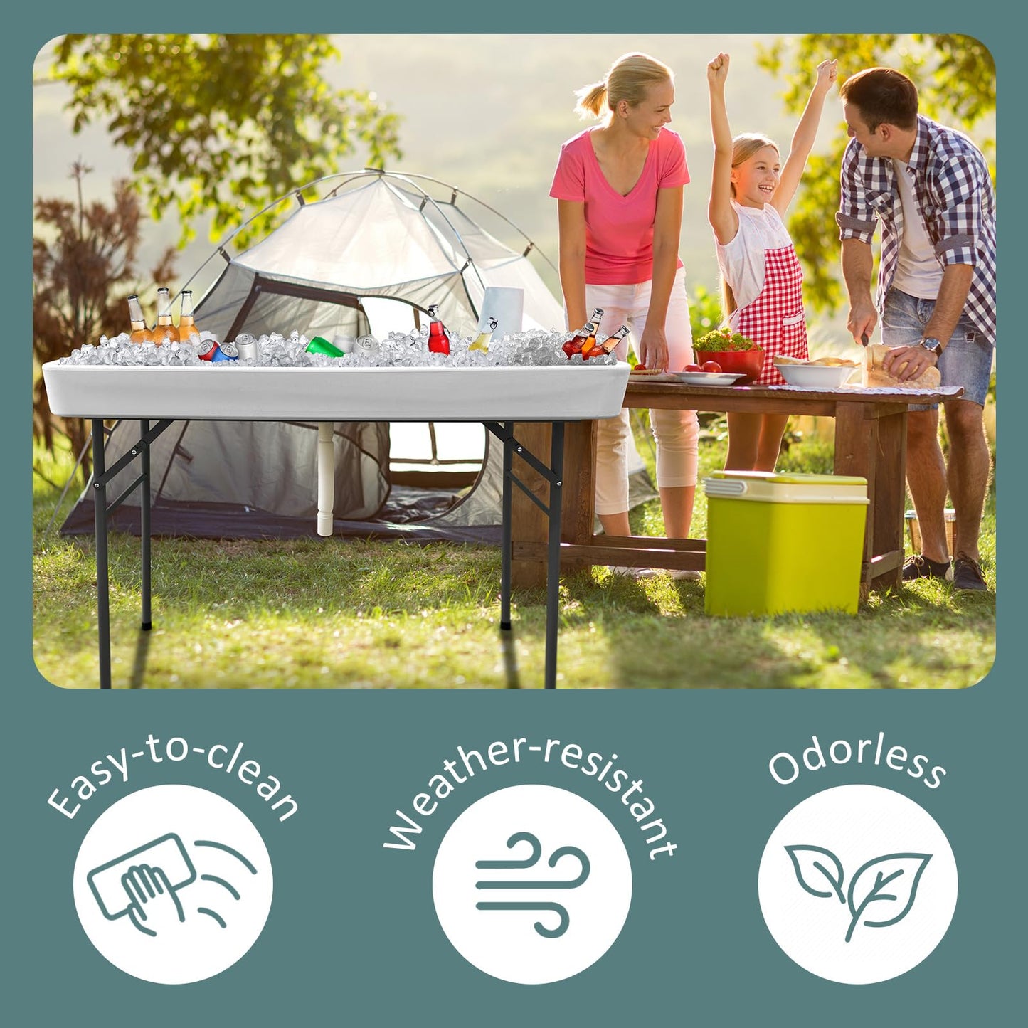 CAMP SOLUTIONS 4 Foot Bar Folding Ice Cooler Table with Drain, Portable Tailgate Camp Fishing Cleaning, Foldable Party Chilling Cooler Table Outdoor for Party,BBQ,Camping,Wedding