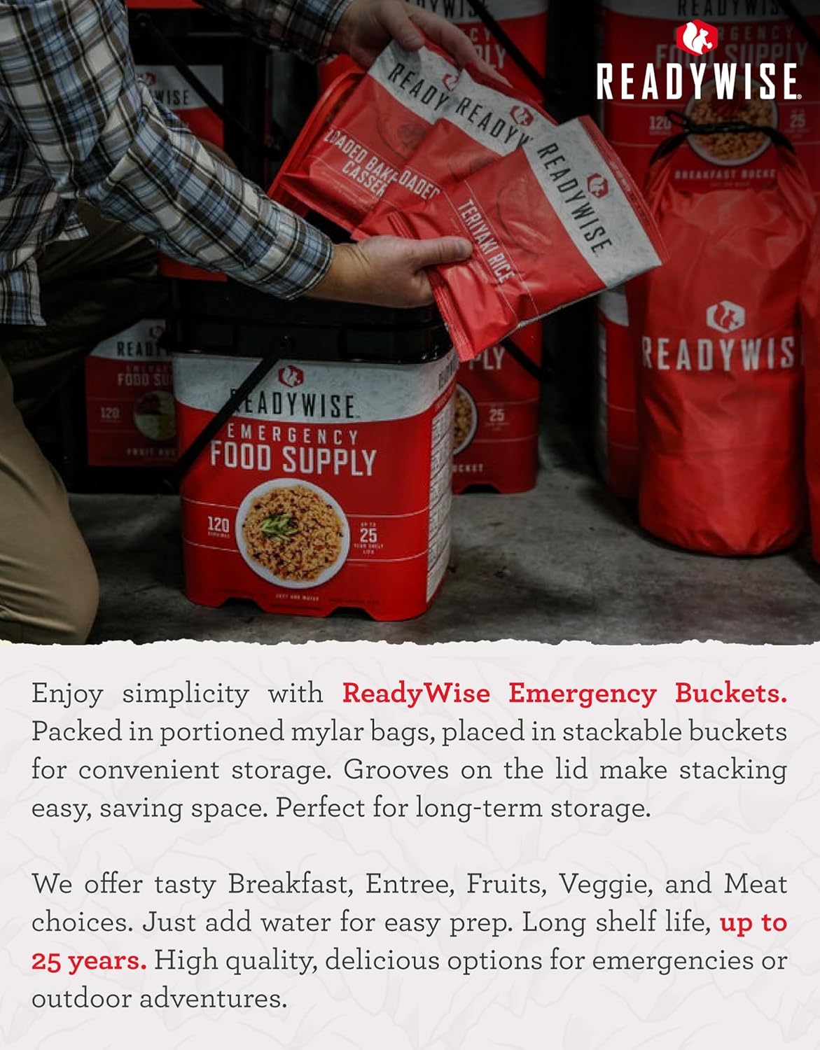 ReadyWise Emergency Food Supply - 132 Servings Survival Bucket, Dehydrated Meals for Camping & Disaster Prep, 25-Year Shelf Life