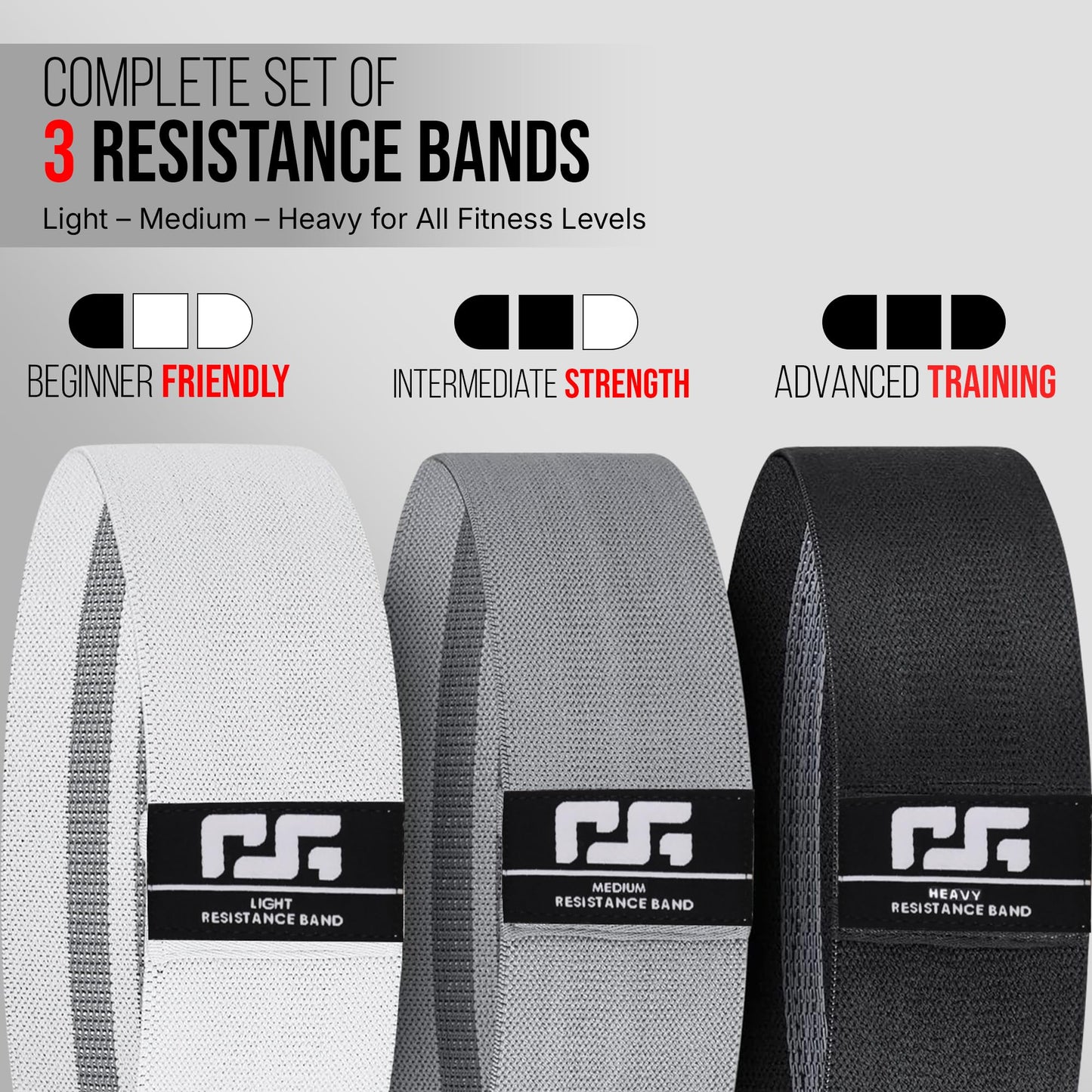 Generic Resistance Bands Set of 3 Heavy Duty Exercise Bands for Strength Training, Yoga, Flexibility, and Squats Includes Carry Bag (White, Grey, Black)