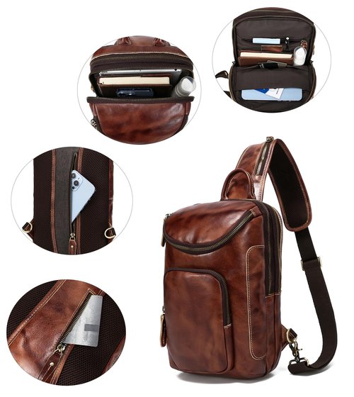 LANNSYNE Vintage Full Grain Leather Sling Bag for men, Crossbody Chest Daypack fits 10.5" iPad