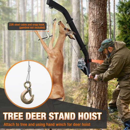 Tree Mounted Deer Hoist for Hunting, 500LBS Hunting Game Hoist Winch Lift, 23FT Steel Cable Heavy Duty Deer Hanger for Skinning, Field Dressing, Included Ratchet Strap Hanging Deer Feeder Hanger