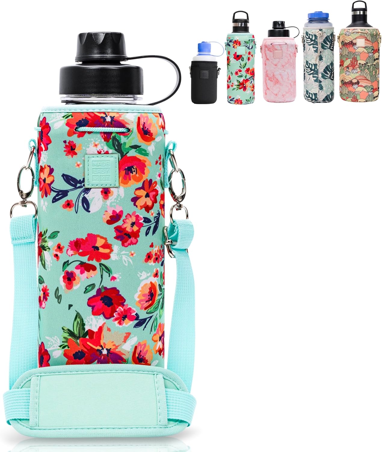 Insulated Neoprene Water Bottle Carrier | Adjustable Sling Pouch | Black, Large