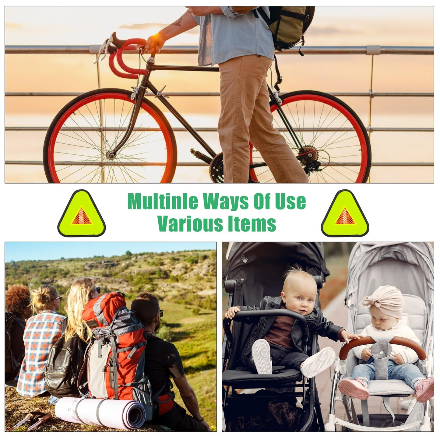 1 Pack 7 * 7inch Reflective Yield Symbol Bike Triangle Sign With Magic Adhesive Strap for Night Safety