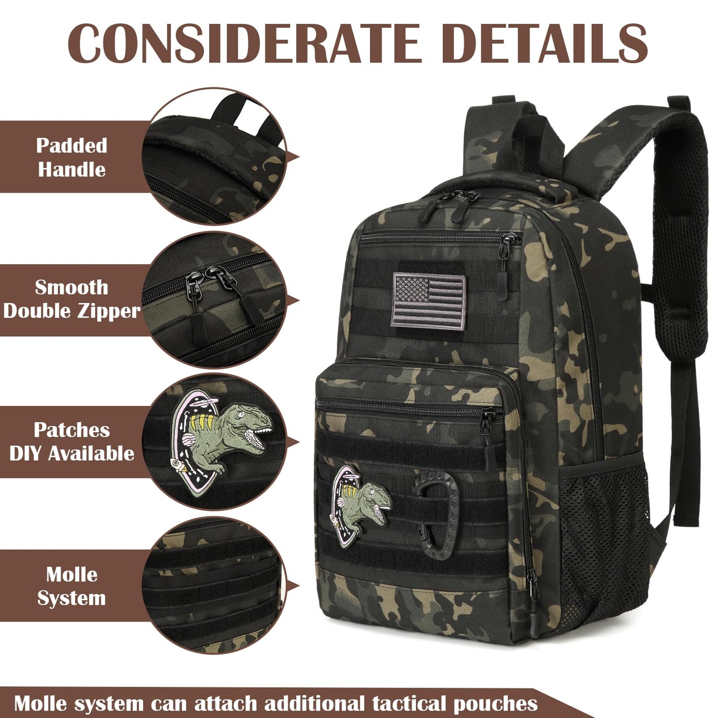 Kids Tactical Backpack Army Molle Bookbag Military Boys Backpack for School, Outdoor, Camping, Black Camo