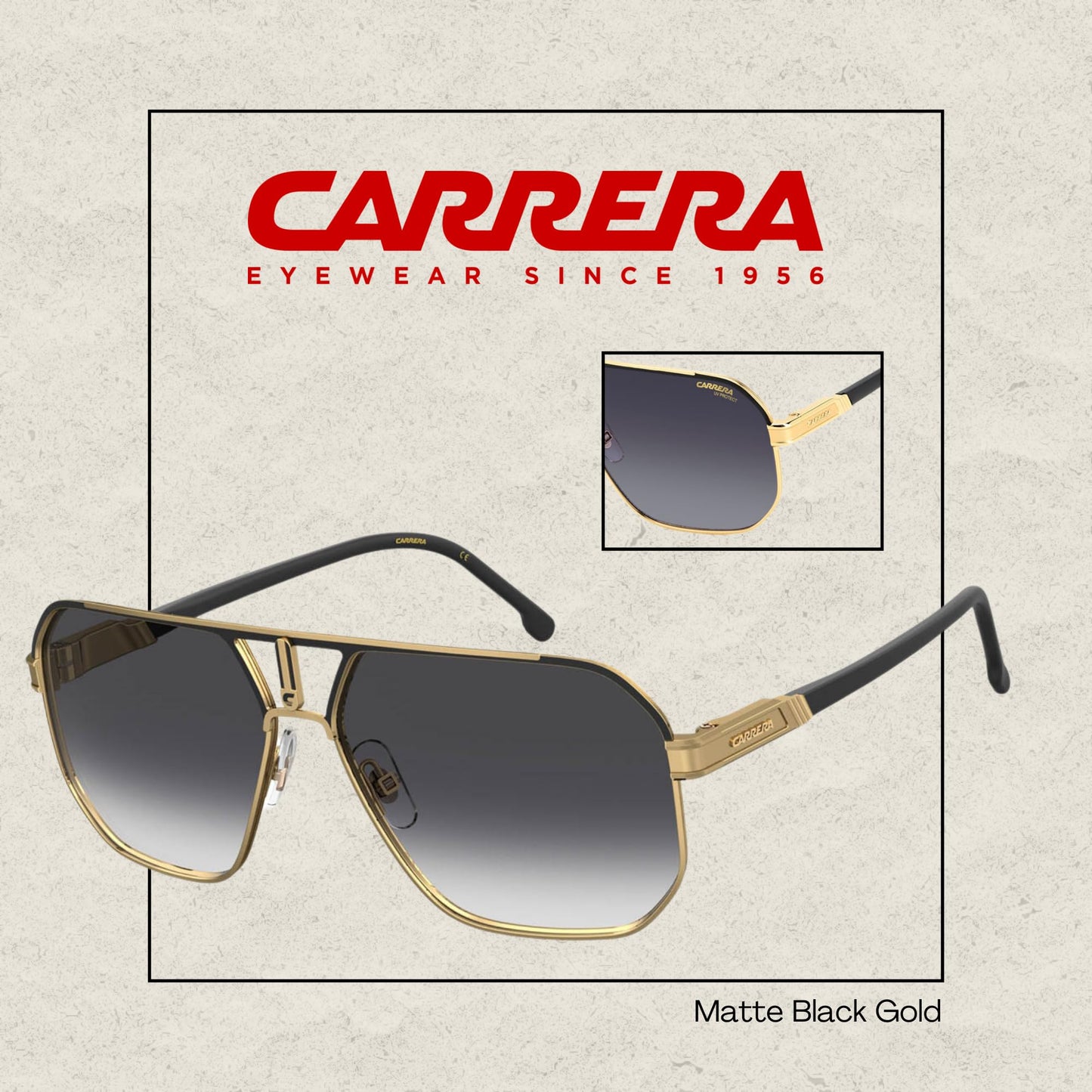 Carrera CA1062/S SAO 62MM Matte Black-Gold / 90 Dark Grey Shaded Square Sunglasses for Men + BUNDLE With Designer iWear Complimentary Eyewear Kit