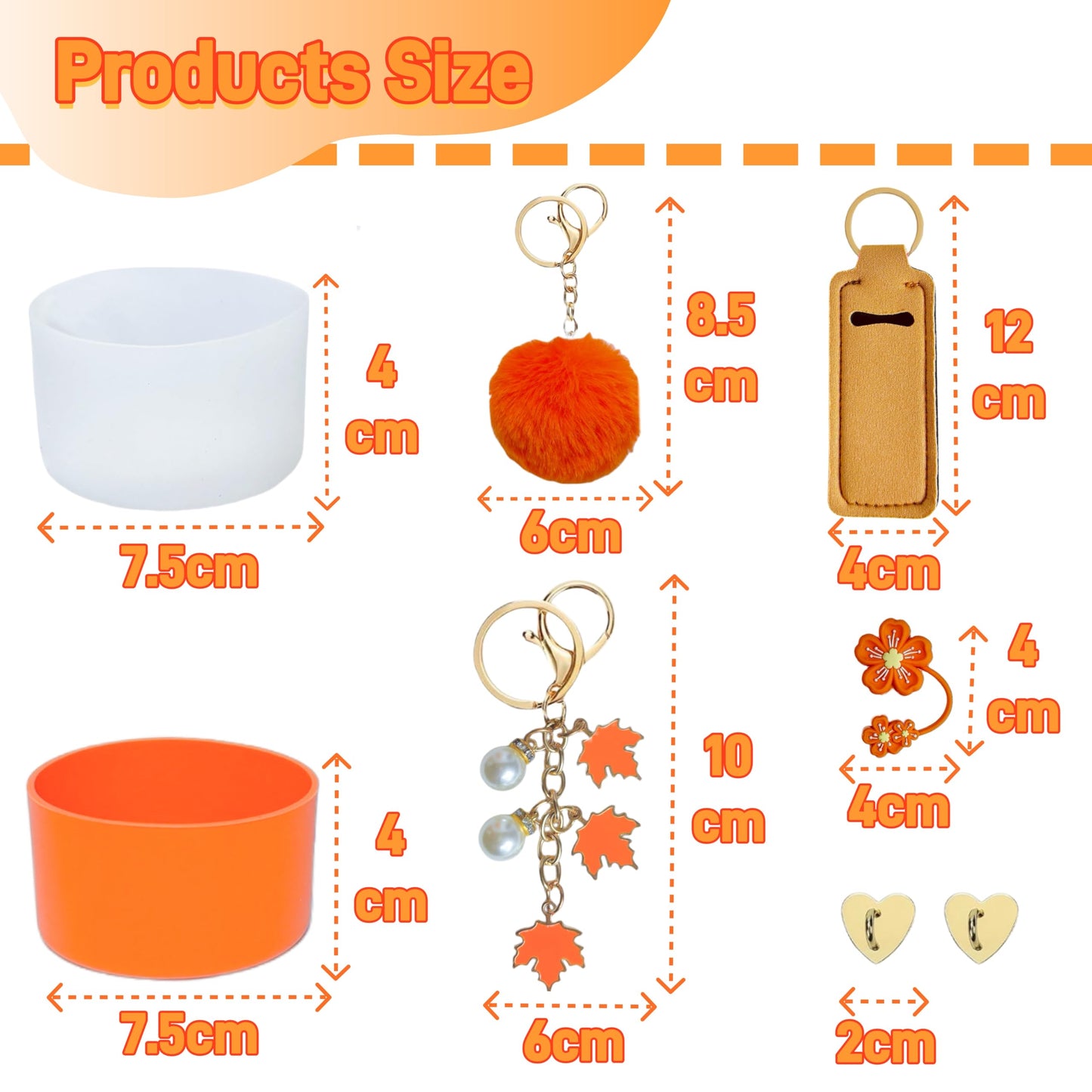 Accessories for Stanley Cup 40oz,2 Silicone Boots for Stanley Tumbler,1 Flower Straw Cover Topper,2 Charms Hooks,1 Lipstick Holder Bag,1 Pompom Ball,1 Cute Keychain Charm(Orange,No Bottle)