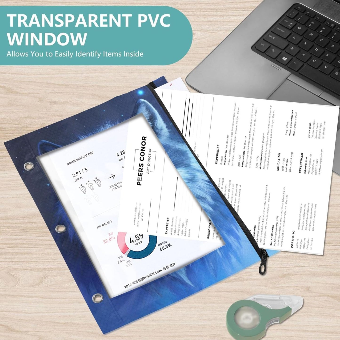 Largemouth Bass Fish 2 Pack 3 Ring Binder Pocket A4 Size Binder Pouches Clear PVC Loose Leaf Folder Sleeves Storage Bags for Files, Documents