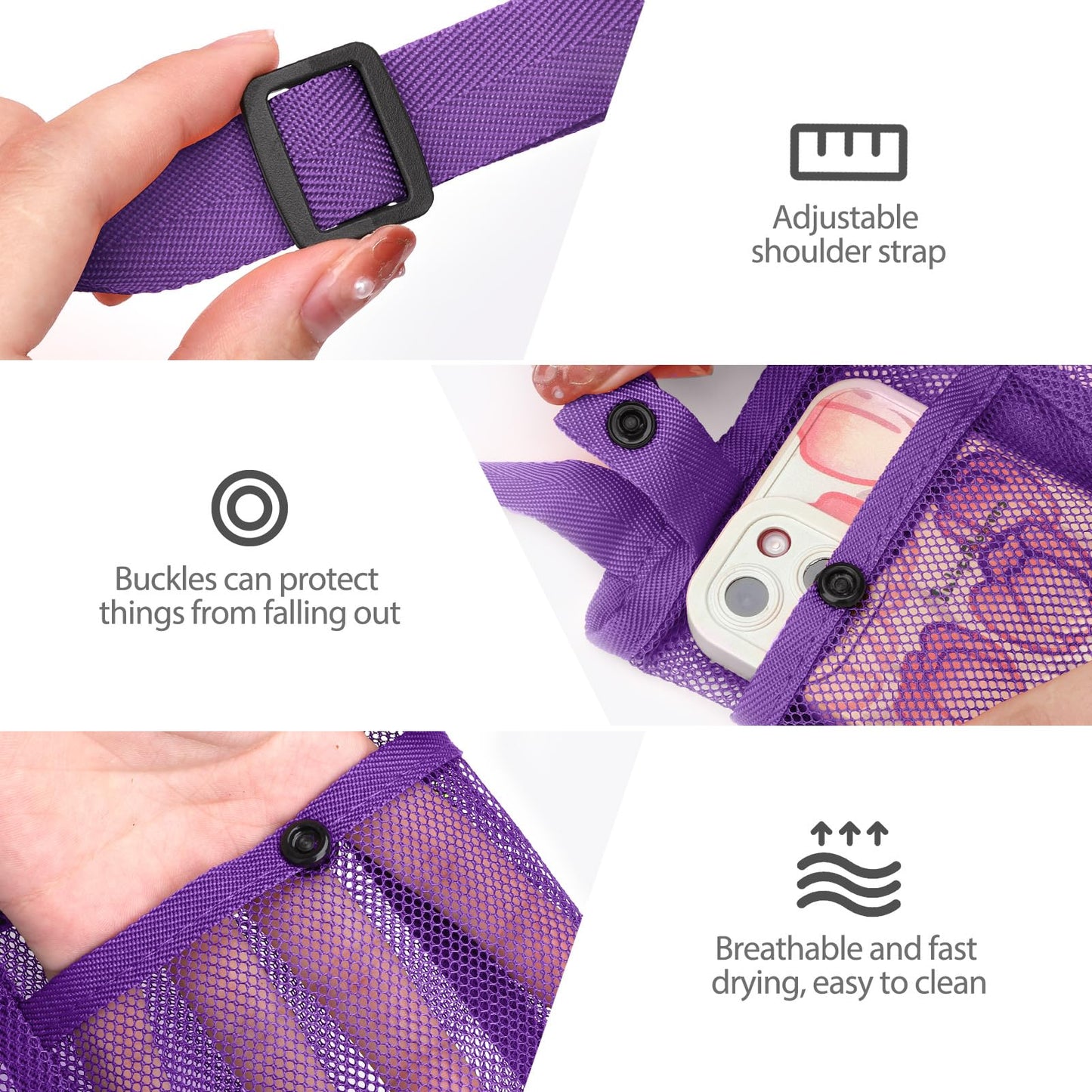 Large Water Bottle Bag with Strap, Big Mesh Water Bottle Holder Crossbody Water Sling Bag Shoulder Strap and Pocket - Lightweight Water Bottle Carrier for Walking Sports Hiking Camping (Purple)