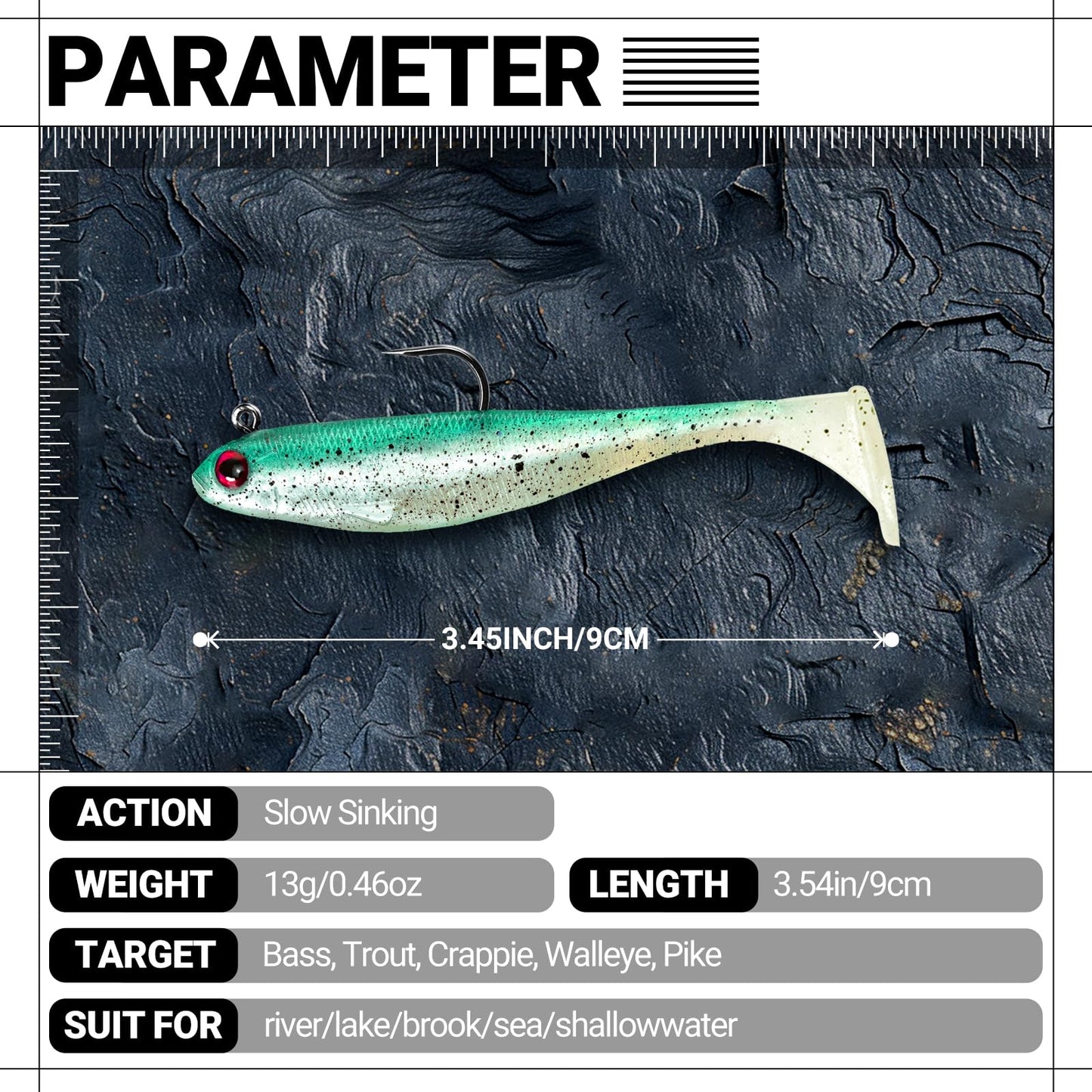 3.5In 0.42Oz Pre-Rigged Swim Baits for Bass Fishing - Jig Heads Soft Plastic Walleye Lures, Paddle Tail Swimbaits for Bass, Crappie & Trout Lures, Fishing Bait for Saltwater & Freshwater