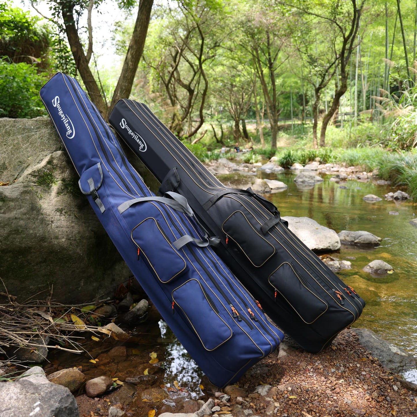 Sougayilang Fishing Rod Case, 3 Layers Organizer Fishing Pole Storage Bag Fishing Rod and Reel Carrier Organizer for Travel-165cm/65in-Black