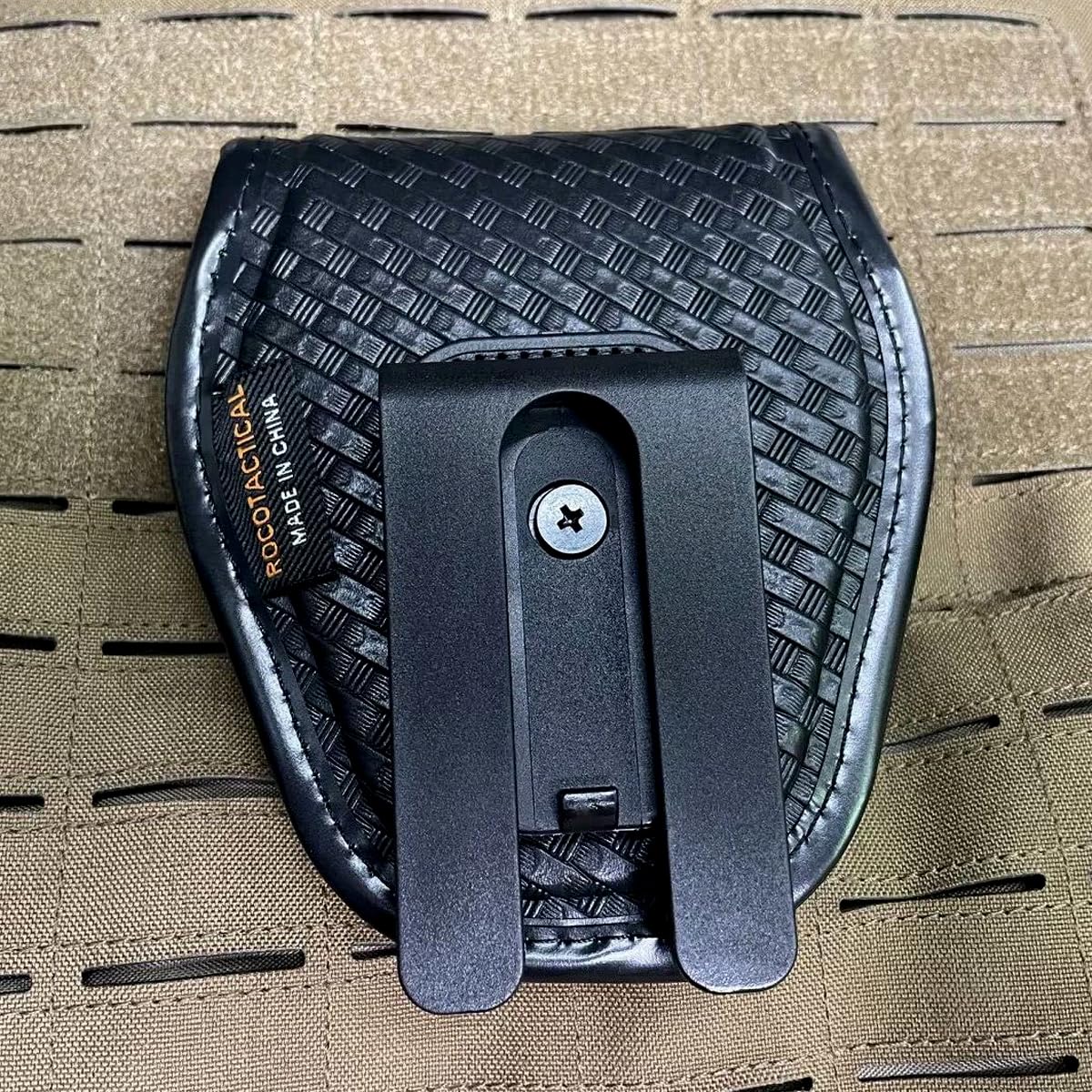 ROCOTACTICAL Hidden Snap Single handcuff case w/360 Degree Rotating Belt Clip, Basketweave Single Cuff Case for Law Enforcement