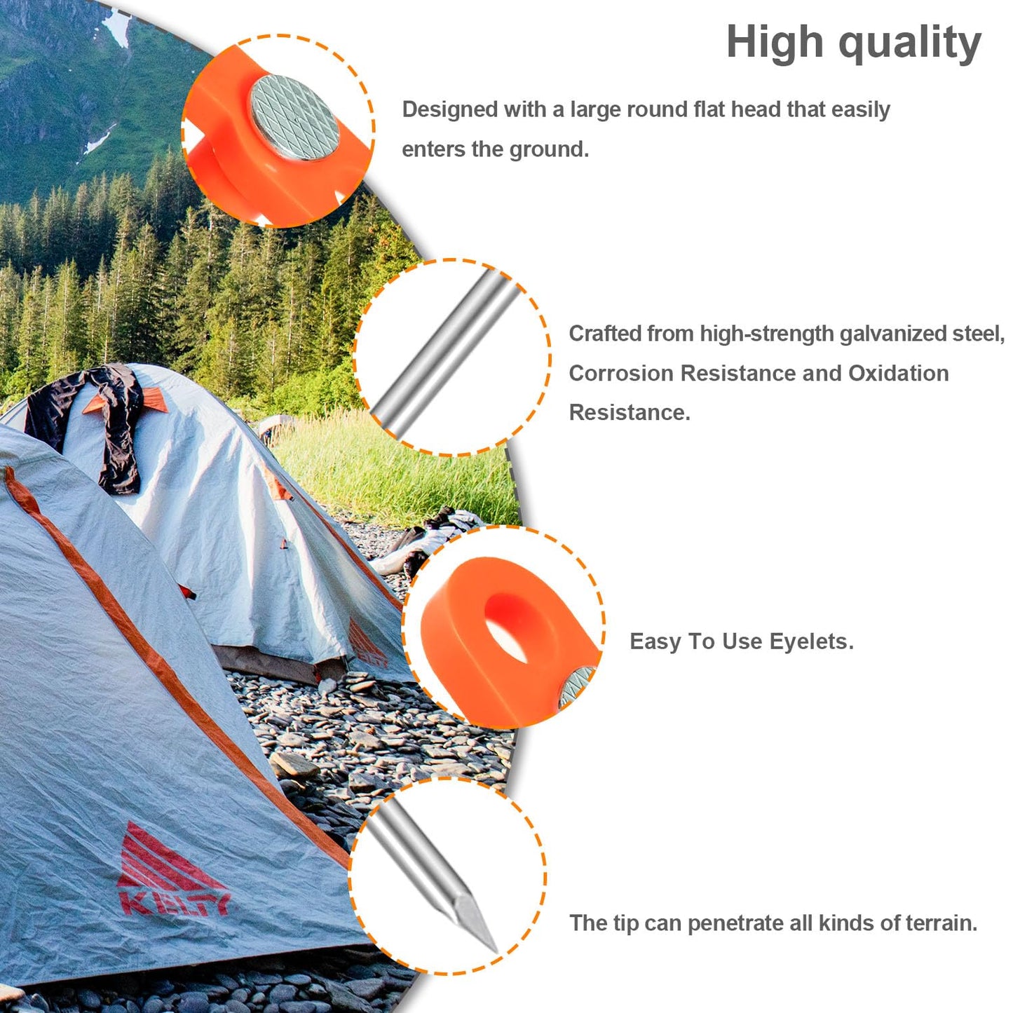 TEOYNGU 10PCS Tent Stakes Heavy Duty Camping Tent Stakes 7Inch Non-Rust Metal Tent Pegs with 10pcs Rubber Protective Sleeve (Orange)