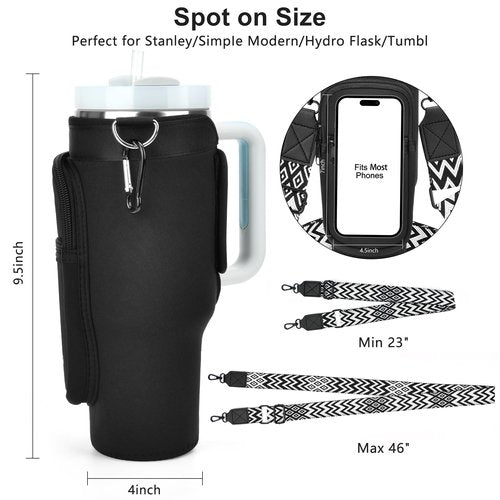 LOKASS Water Bottle Holder with Strap for Stanley Cup 30 oz Tumbler with Handle, Personalized Initial Gift, Water Bottle Carrier Bag with Phone Pocket & Carabiner for Stanley Cup Accessories