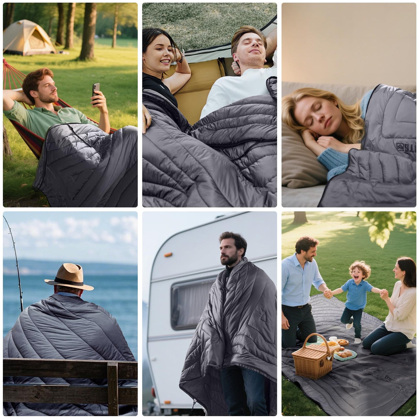 1TG Tactical Camping Blanket, Packable, Lightweight Warm Camp Quilt with Zipper, Multifunctional Outdoor Sleeping Blanket for Backpacking, Travel, Hammock - Gray