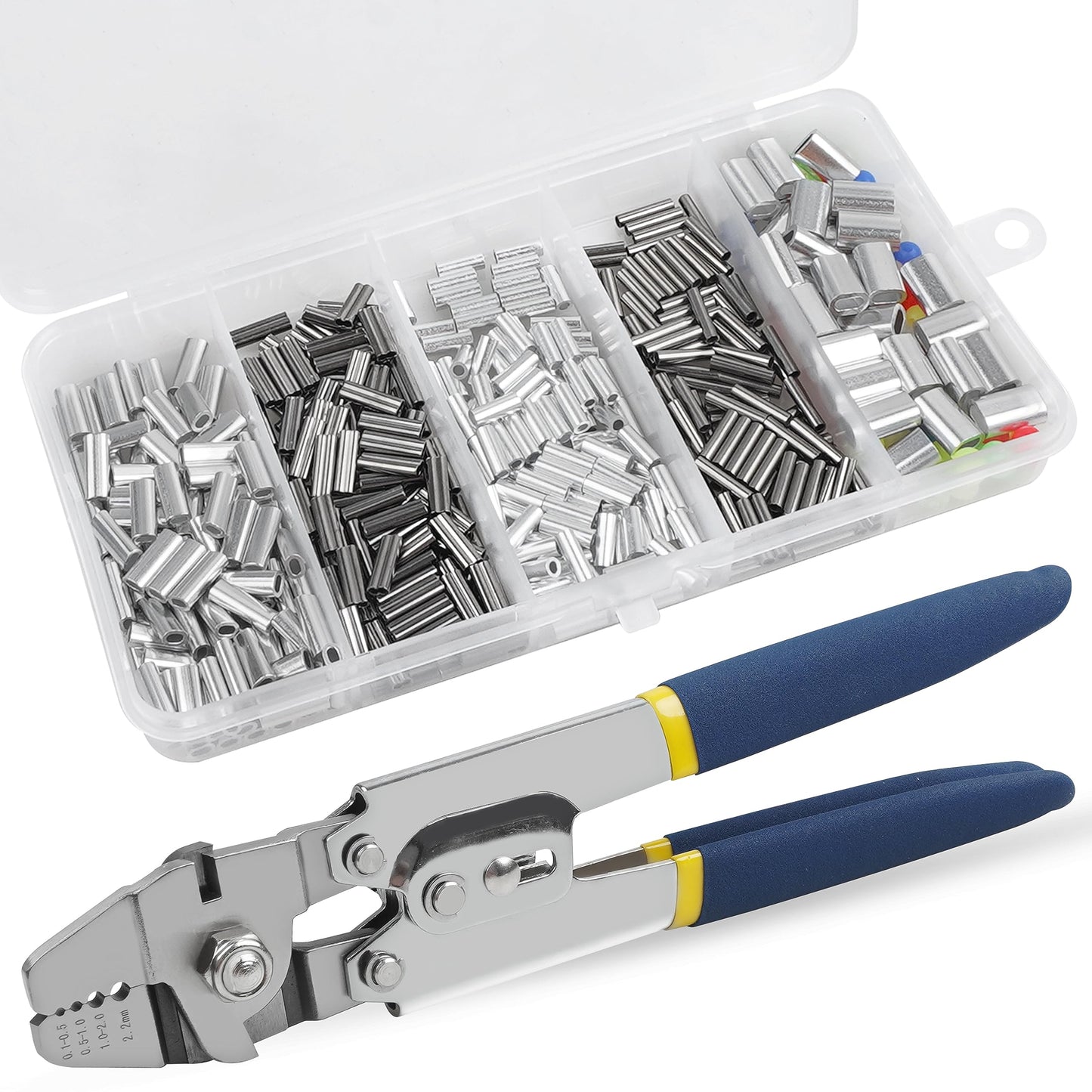 Fishing Crimping Tool Kit,Stainless Steel Fishing Crimping Pliers Wire Rope Crimping Tool with 430pcs 5 Sizes Aluminum Copper Barrel Crimp Sleeves Beads Set,4 Crimping Sizes