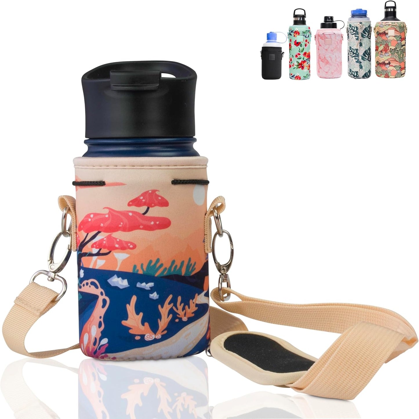Insulated Neoprene Water Bottle Carrier | Adjustable Sling Pouch | Black, Large