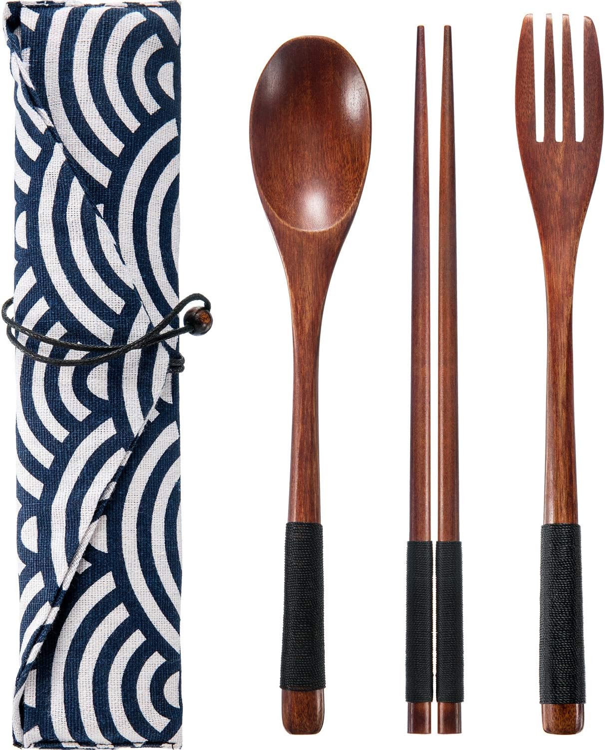 2 Sets Wooden Utensil Set, Travel Utensils for Eating, Wooden Fork Spoon Chopsticks, Reusable Portable Flatware Cutlery Set, Tied Line Flatware with Pouch for Lunch Camping Traveling