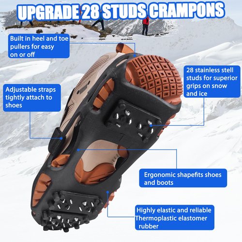 Ice Cleats Snow Traction Cleat for Boots and Shoes 28 Studs Ice Crampons for Walking on Snow and Ice Anti Slip Overshoe Rubber Ice Grippers Slip-on Stretch Footwear Medium