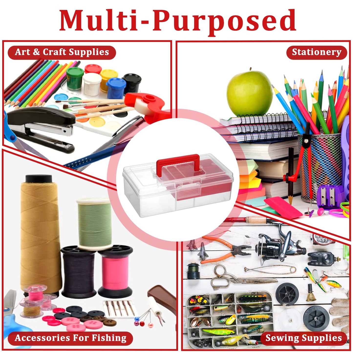 JUXYES Plastic Fishing Tackle Box Organizer with Removable Dividers, Clear Fishing Tackle Storage Boxes with Handle, 2 Layer Fishing Tackle Tray Box Lure Box, Red