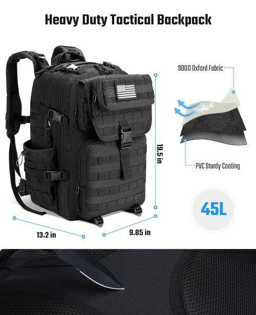 EZshoot Tactical Backpack, 45L Heavy Duty Military Backpack for Men, Army Molle 3 Days Assault Pack Bug Out Bag, Large Military Gear Travel Hiking Camping Sports Rucksack with Bottle Holder, Black