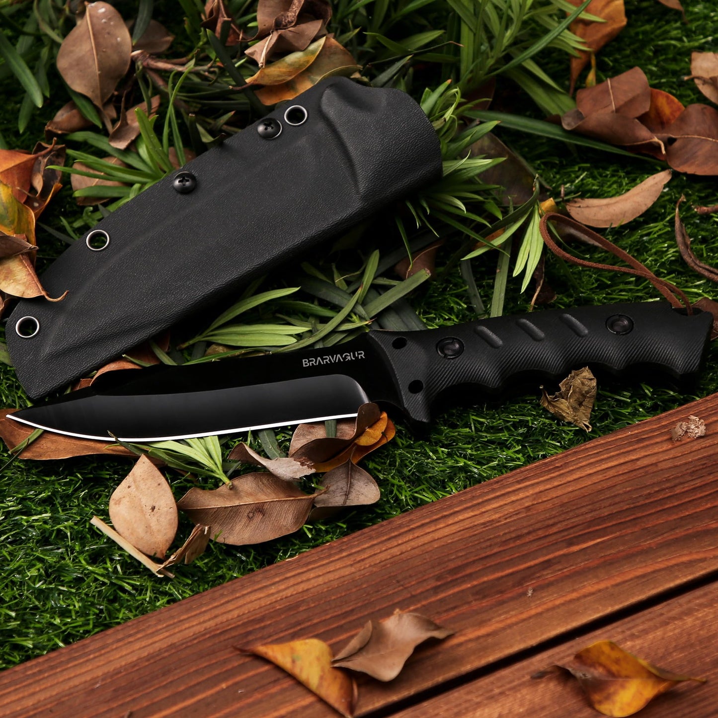 Brarvagur Fixed Blade Knife Full Tang with Kydex Sheath - Heavy Duty Outdoor Tactical Hunting Bushcraft Knives for Camping Adjustable Belt Clip (Heavygrip 4F)