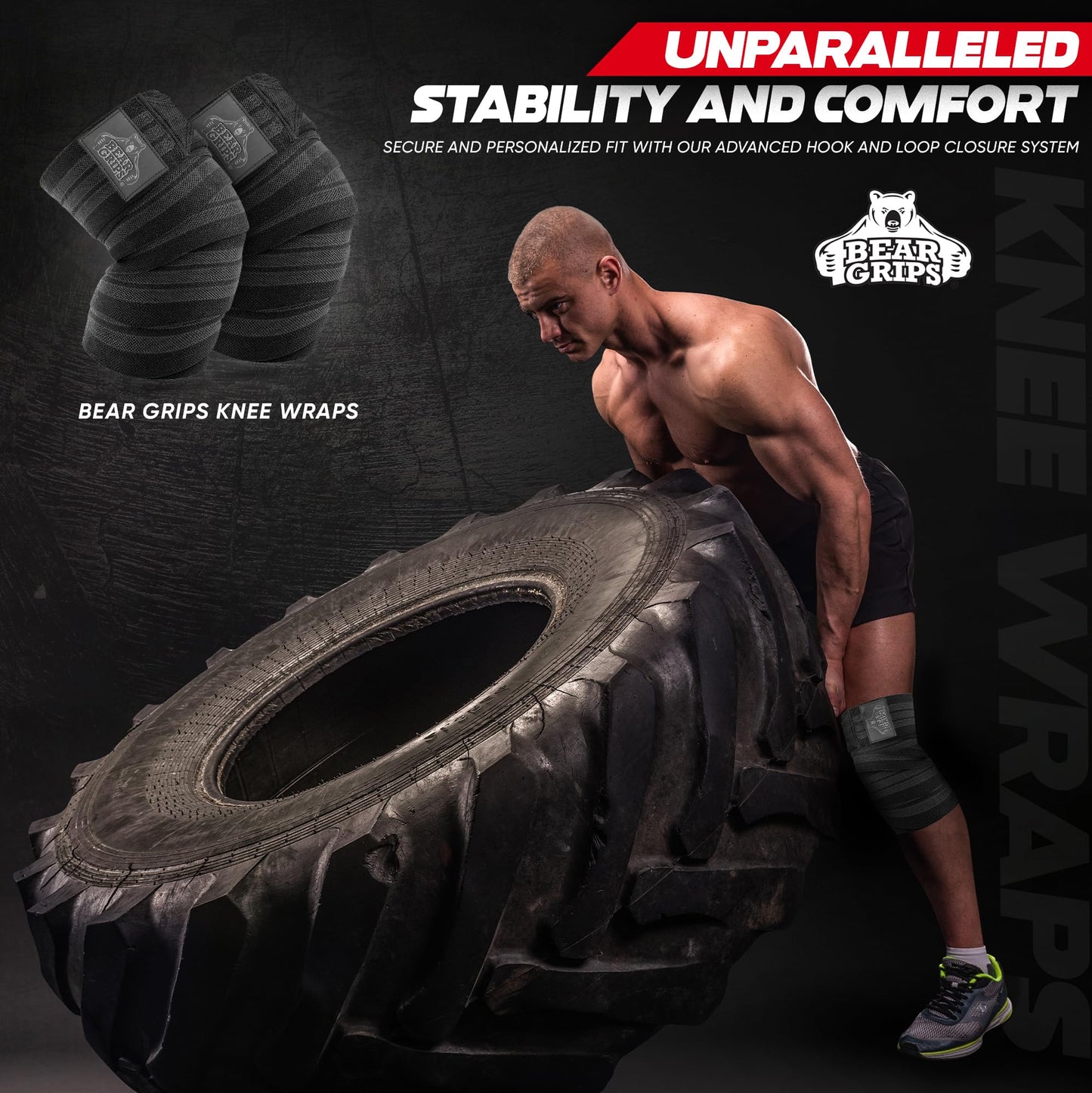 Bear Grips Knee Wraps - Heavy Duty Knee Brace Pair Compression and Elastic Support for Squats, Weightlifting, Powerlifting - Home Gym Workout Equipment Knee Support for Men and Women (Black and Gray)