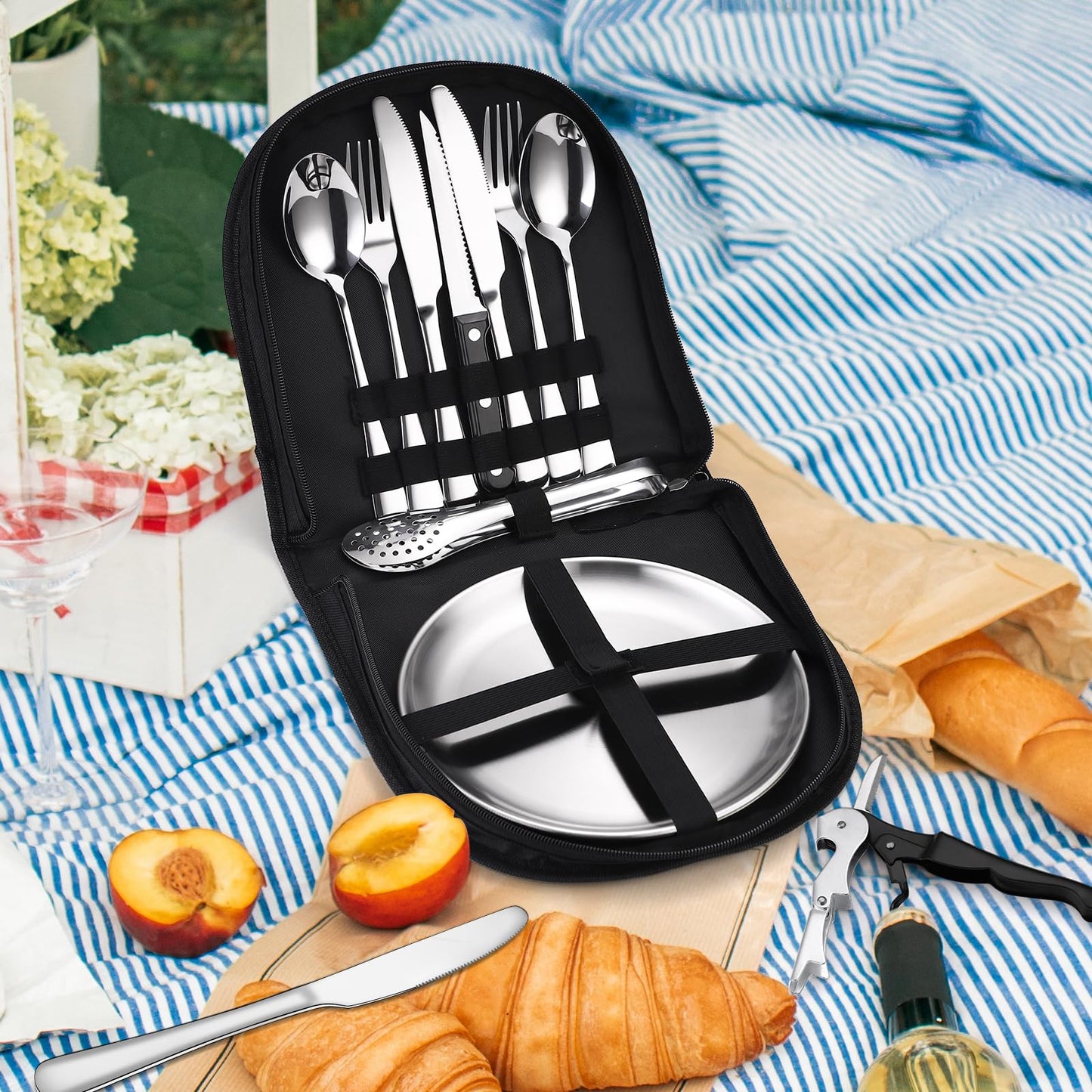 Camping Silverware Kit Cutlery Organizer Utensil Picnic Set - 13 Piece Mess Kit for 2 - Stainless Steel Plate Spoon Clip and Serrated Knife Wine Opener Fork Napkin Hiking - Camp Kitchen BBQ’s
