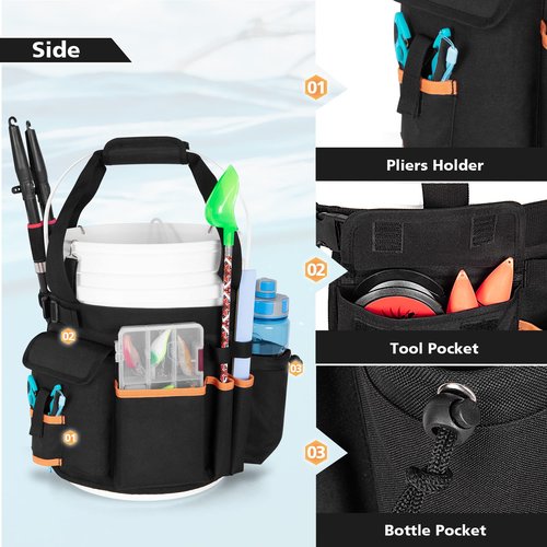 GOBUROS Fishing Bucket Organizer for 5 Gallon Bucket with Adjustable Buckle, Rod and Plier Holder and Multi-Pockets for Fishing Gear (Bucket not Included)