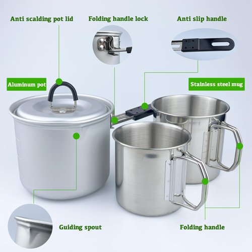 Pubgeer Foldable Camping Pot and Camping Mugs 3Pcs Set Camping Cookware Mess Kit for Backpacking Gear 750ml Pot and 550ml/350ml Cup Lightweight Folding Cooking Set Camping Coffee Pot