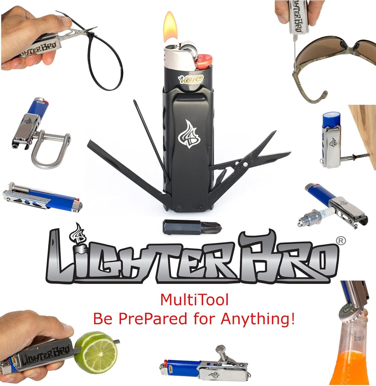 LighterBro Pro Lighter Sleeve - Multi-Tool - 420 Stainless Steel - Easily Fits Your Favorite Lighters - Includes Mini Pocket Knife, Ruler, Scissors, Screwdriver, Poker, Key Ring & More (Black)