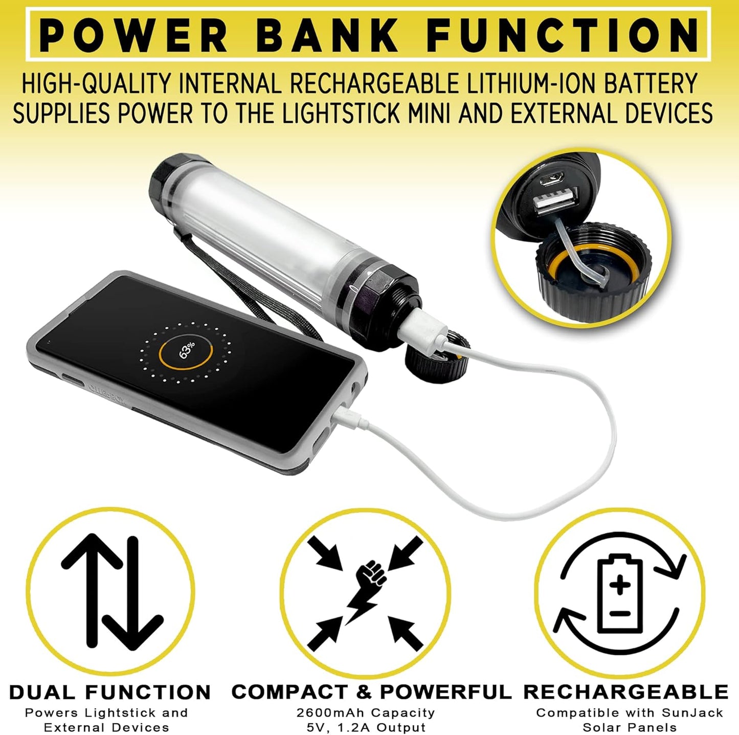 SunJack LightStick Camplight – Waterproof Rechargeable LED Flashlight & Power Bank | Portable Camping Lantern for Hiking, Backpacking, Swimming, Boating, Outdoors, Emergency & Survival Kits
