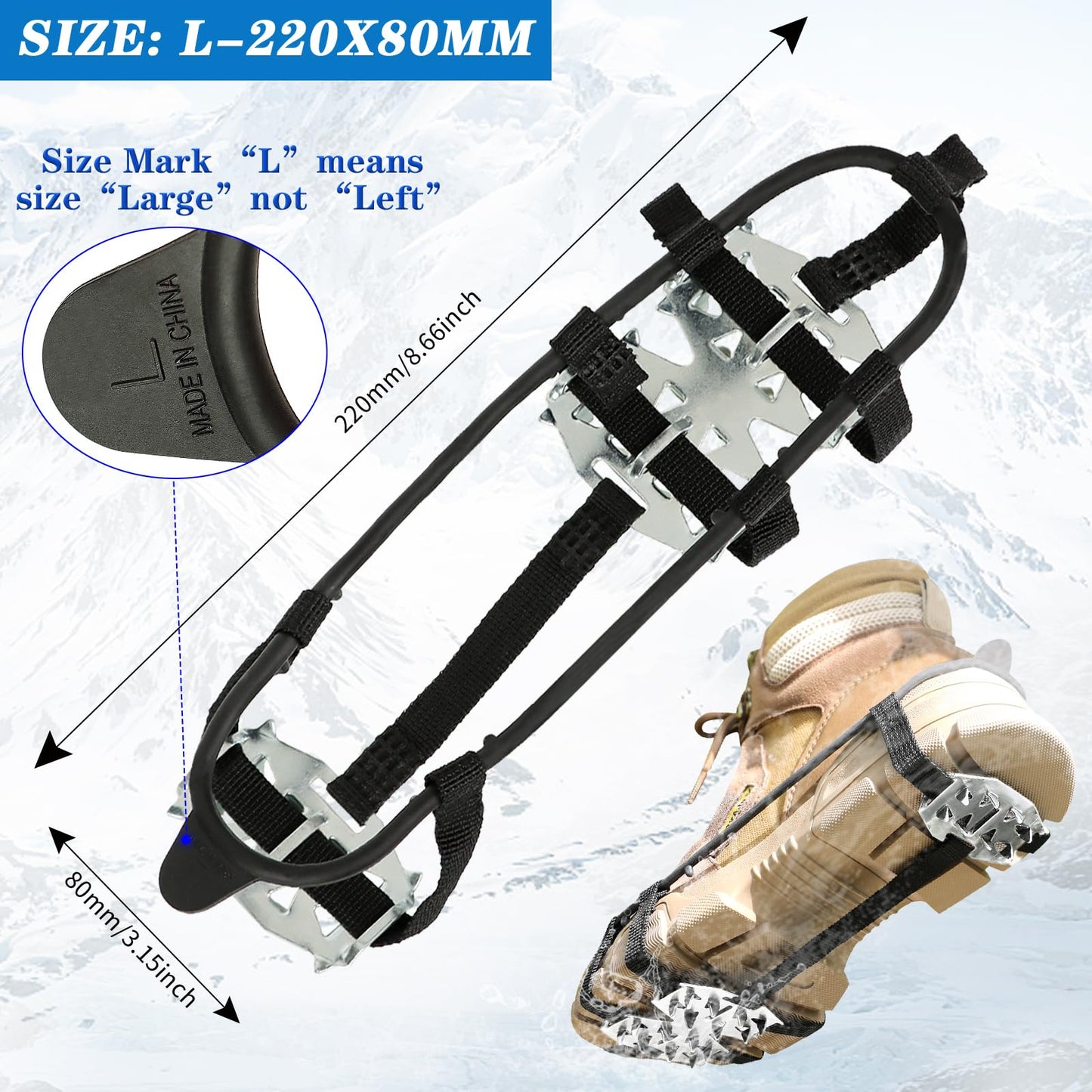 2 Pairs Crampons Ice Cleats for Shoes and Boots Universal 24 Steel Studs Snow Shoe Spikes Non Slip Snow Ice Grippers for Walking, Fishing, Climbing and Winter Hiking