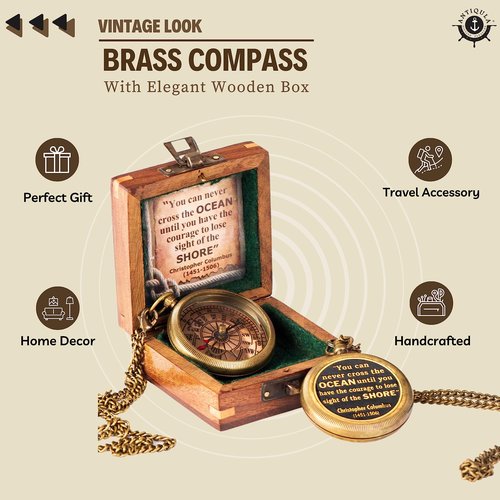 Antiqula Brass Columbus Compass with Wooden Box, Antique Traveling Gifts for Men with Quotes Engraved, Inspirational Nautical Camping Compass, Ideal Gifts for Traveling, Graduation and Adventures