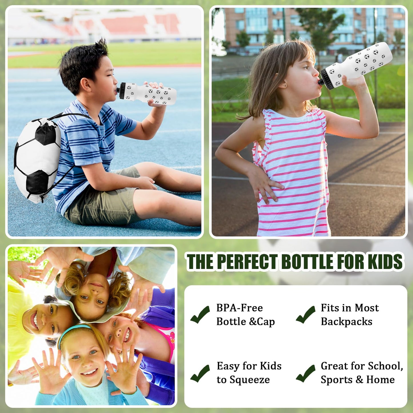 20 Pcs Soccer Party Favors 10 Pcs 13.4 x 16.9 Inch Soccer Drawstring Bags and 10 Pcs 24 oz Soccer Squeeze Water Bottles Football Drawstring Backpack Sport Bottles Plastic for Kids Party Supplies