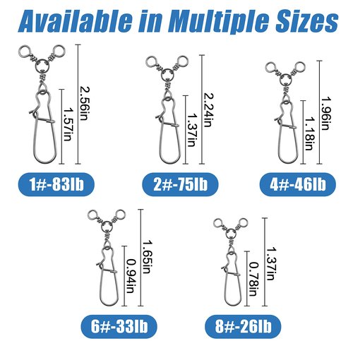 AGOOL Fishing 3 Way Swivel Snaps - 30pcs T-Turn Fishing Swivels Triple Swivels Cross Line Duo Lock Snap Swivels Fishing Lure Connectors Fishing Tackle for Trolling Catfish Rig Saltwater Freshwater