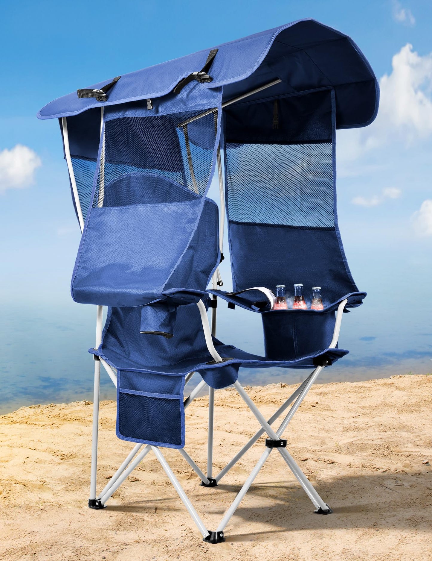 Docusvect Canopy Beach Chair with Cooler, Beach Chair with Canopy Shade, Cup Holder, Side Pocket for Outdoors Sports, Camping, Tailgates, Fishing - Support 330 LBS