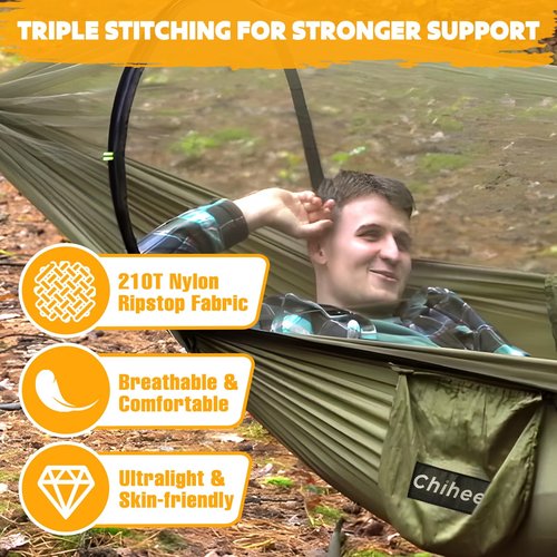 Chihee Ultra-Light Travel Camping Hammock Pop-up Net Hammock 660lbs Load Capacity,Breathable,Quick-Drying Parachute Nylon 2 Premium Carabiners,2 Tree Slings Included for Outdoor Backpacking Hiking