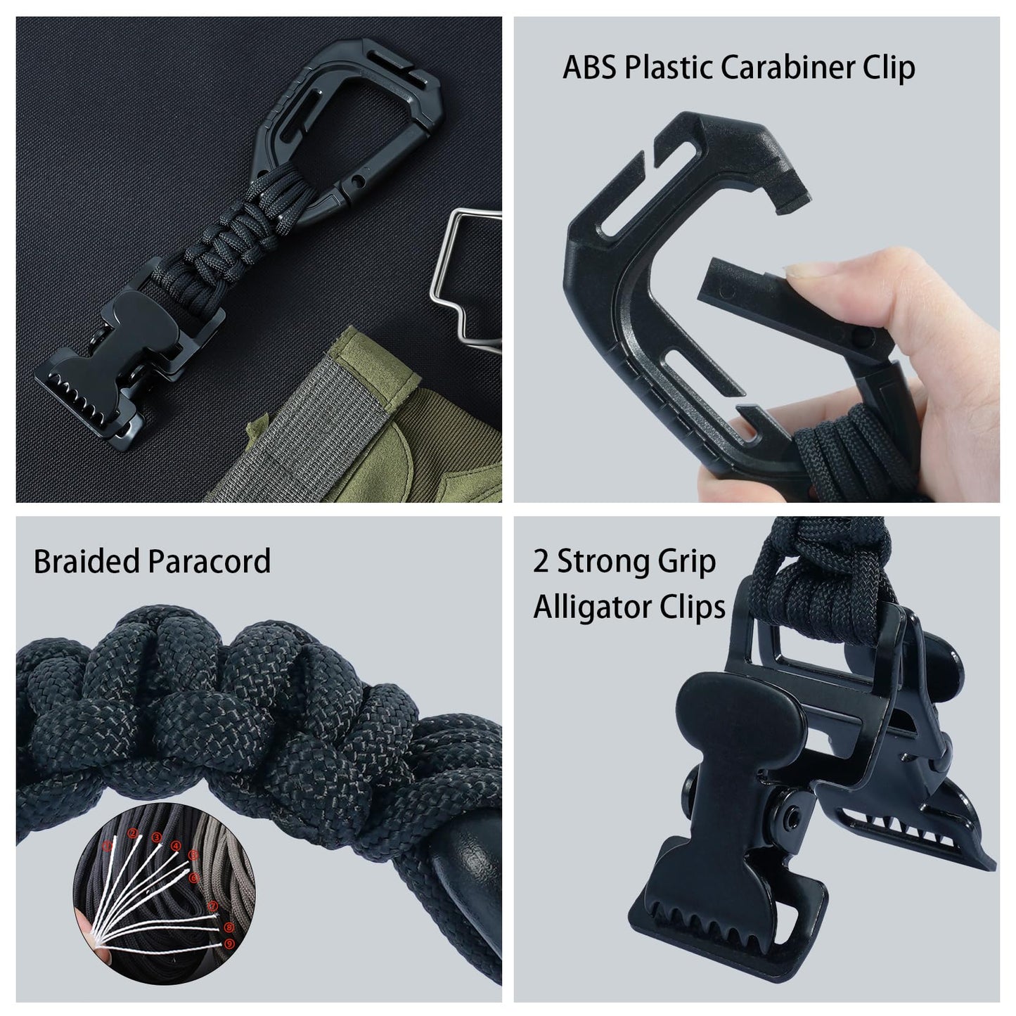 KUNN Glove Clips with Plastic Carabiner and Paracord, Metal Alligator Clips for Tactical Backpack, Work Glove Holders, Black