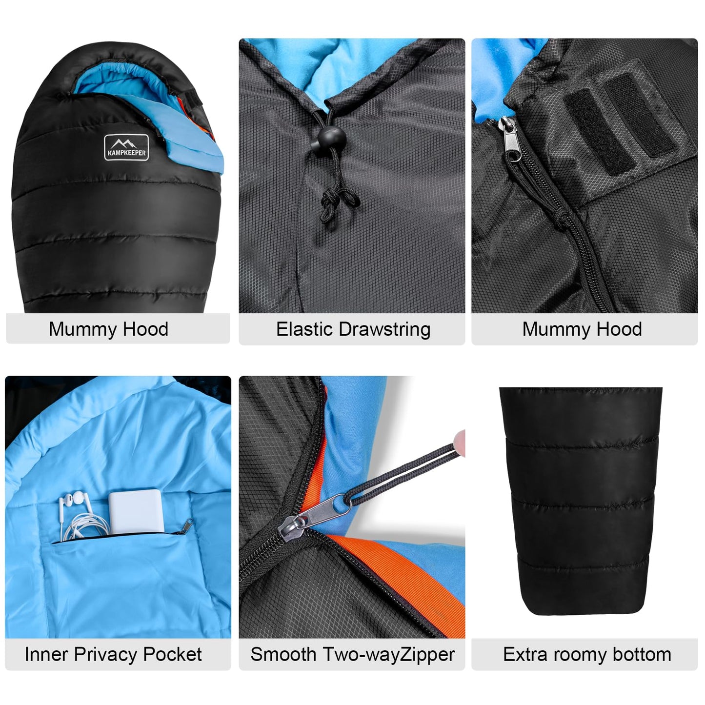 KAMPKEEPER Mummy Sleeping Bag for Adults,3-4 Seasons Cold Weather,Waterproof,Lightweight,Non-Snag Zipper with Adjustable Hood Perfect for Backpacking, Hiking,Camping