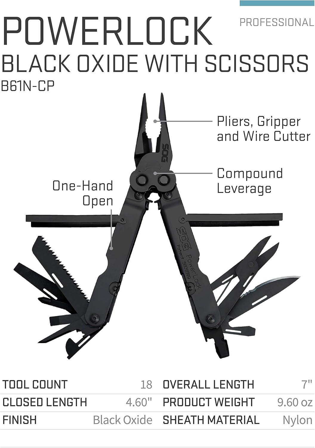 SOG PowerLock Multi-Tool- Compound Leverage Technology with EOD Crimper Device, 420 Stainless Steel Body, 18 Lightweight Specialty Tools (B61N-CP) , Black