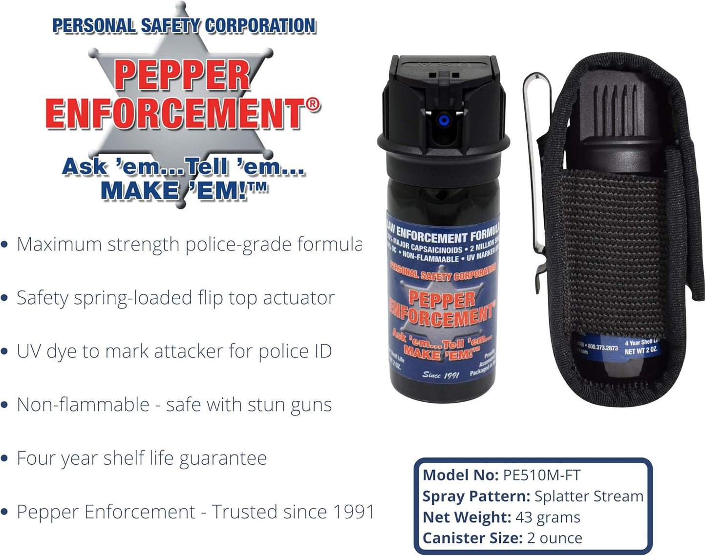 2 oz. Splatter Stream Pepper Spray with Belt Clip Holster - 10% OC Powerful Military Strength Formula with Marking Dye - Emergency Self Defense Spray for Personal Protection